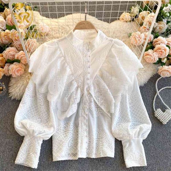 

runway fashion autumn ruffles white shirt women embroidery stand collar lace patchwork chiffon blouses femme 210506
