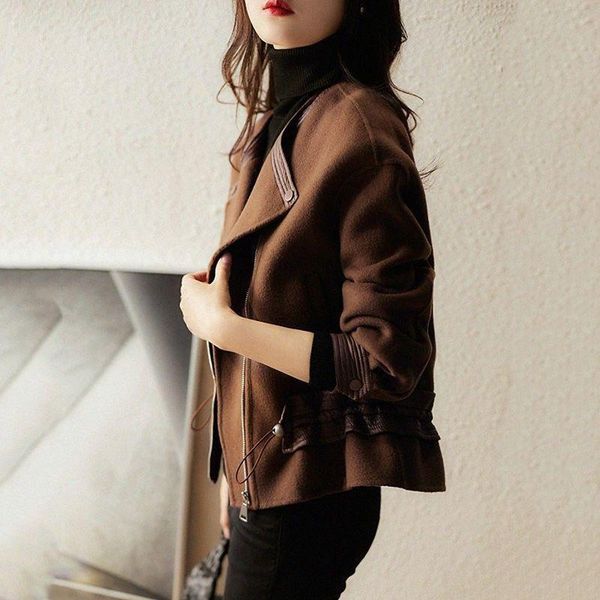 

women's wool & blends fashion autumn and winter coat jacket 2021 temperament lapel pocket zipper warm female cd2030, Black