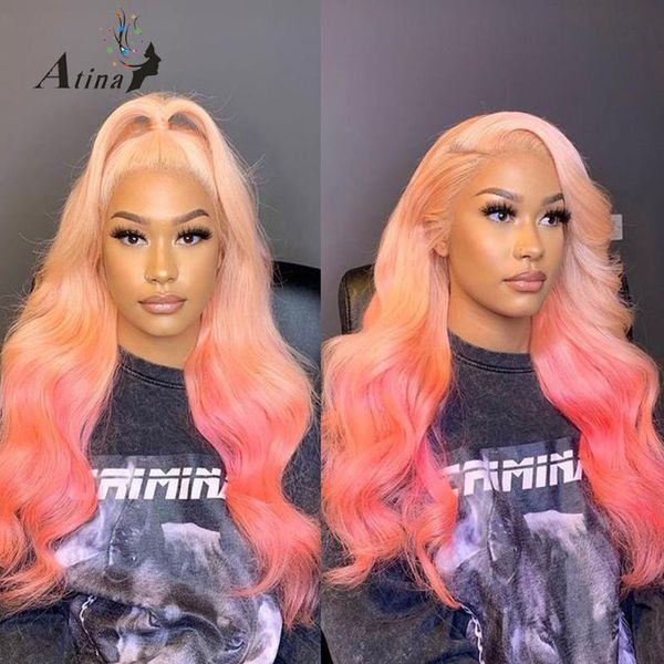 

body wave 613 blonde lace frontal wig for black women pre plucked full ombre pink colored hd transparent glueless yellow wigs, Black;brown