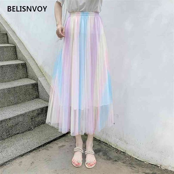 Primavera Verão Mulheres Saia Longa Cintura Alta Pastel Rainbow Malha Elegante Doce Férias Tule Plissado S 210520