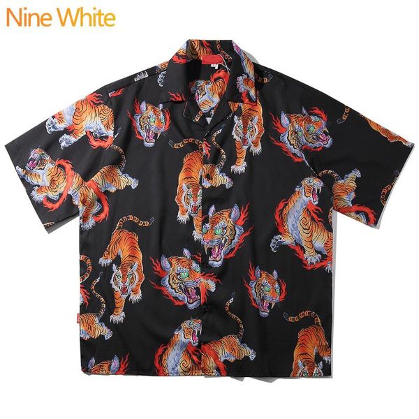 

men's casual shirts 2021 hip hop shirt street style hawaiian tiger print original summer beach short sleeve, White;black