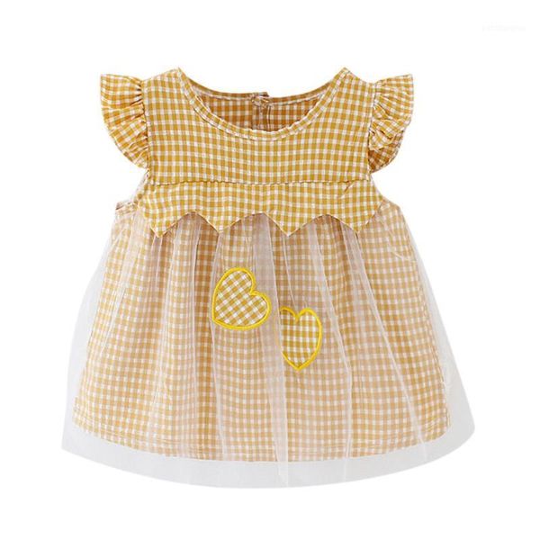 

girls dress toddler kid plaid heart printed patchwork tulle baby girl party clothes summer short sleeve girl's dresses1, Red;yellow