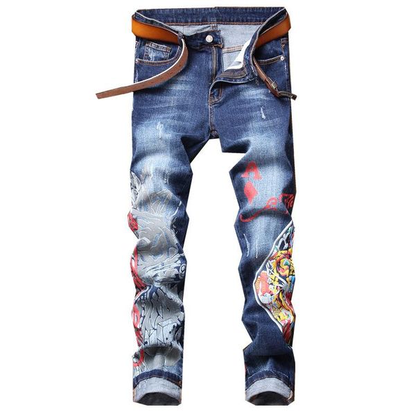 

men's jeans hop hip casual graffiti pants blue scratch elastic print fashion personality trousers
