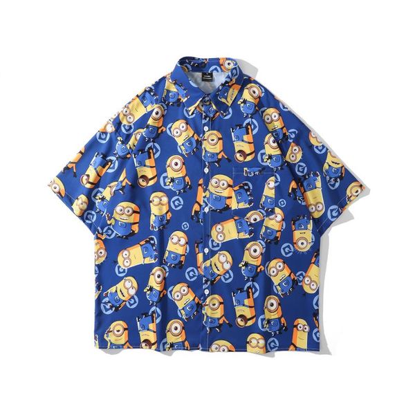 

men's casual shirts summer retro full print cartoon printed short-sleeved shirt for men and women couples loose bf beach five-point sle, White;black