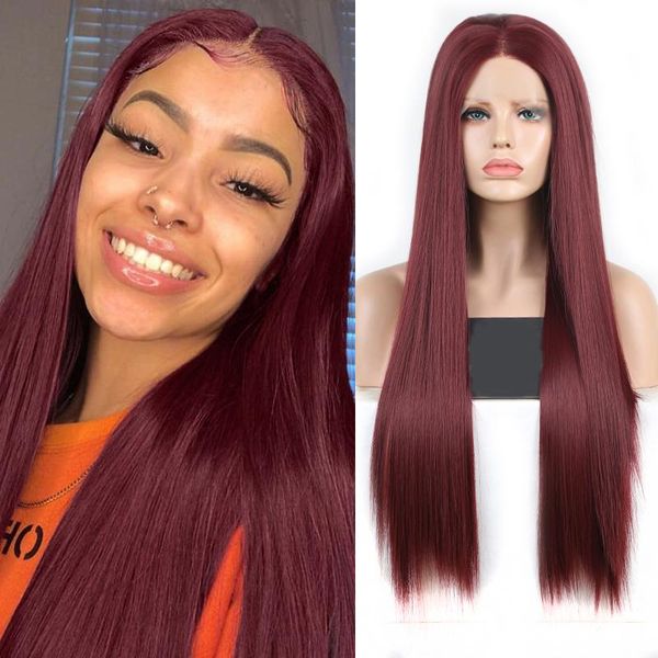

synthetic wigs aimeya long silky straight lace front wig high temperature hair for women burgundy fiber cosplay, Black