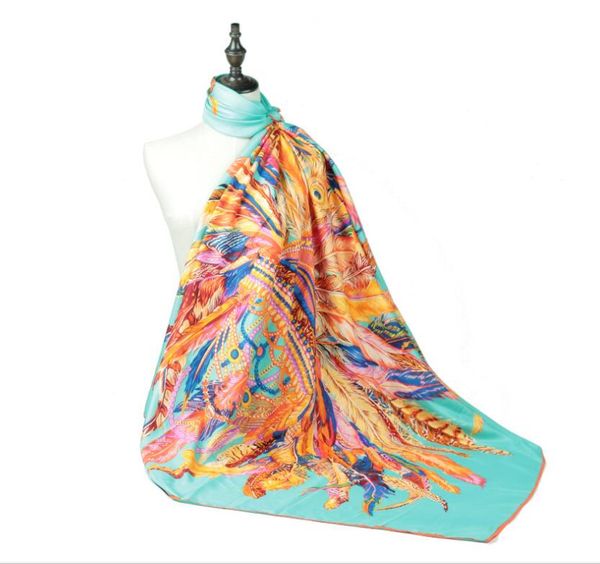 

fashion women scarves indian feather crown print large square 130*130cm silk scarf 2pieces/lot, Blue;gray