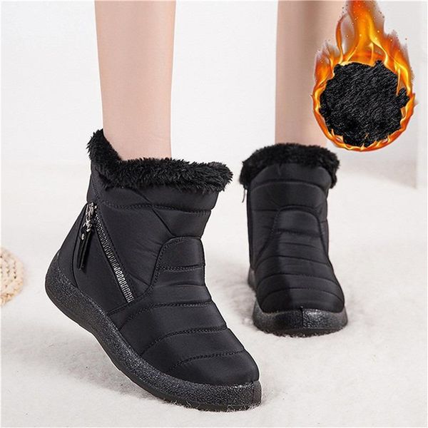 

boots women 2021 winter for waterproof warm snow botas mujer zipper ankle low heels shoes, Black