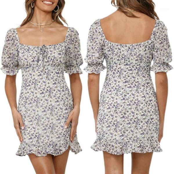 

women's dresses floral print short slevee square neck dress summer sundress holiday beach party mini women vestidos casual, Black;gray