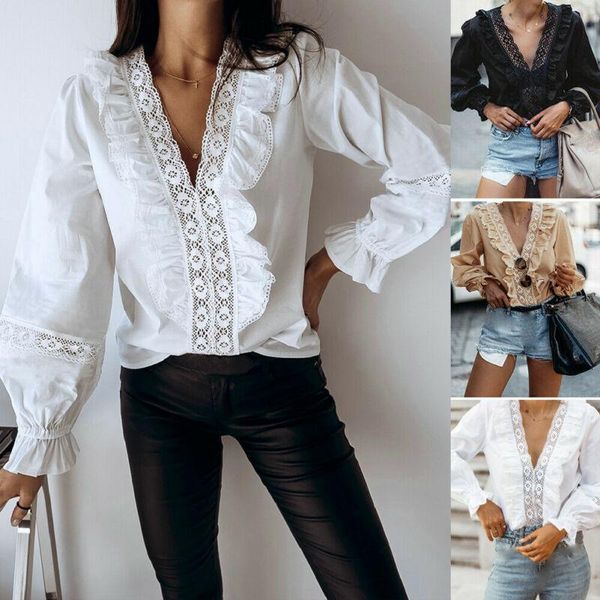 

women's blouses & shirts 2021 retro blouse women white boho office lady long puff sleeve v-neck loose ruffles floral lace crochet