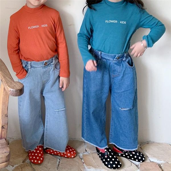 

jeans autumn children solid color loose ripped kids fashion casual all-match denim trousers korean style, Blue
