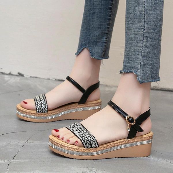

shoes women sandals summer wedge 2021 bohemian fashion buckle classic non-slip women#0406, Black