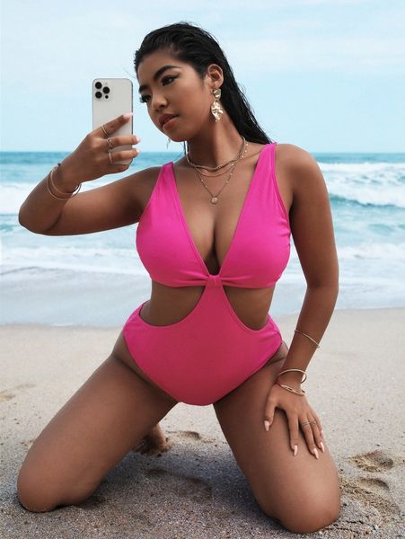 

plus rib cut out one piece swimsuit z9sl#, Black