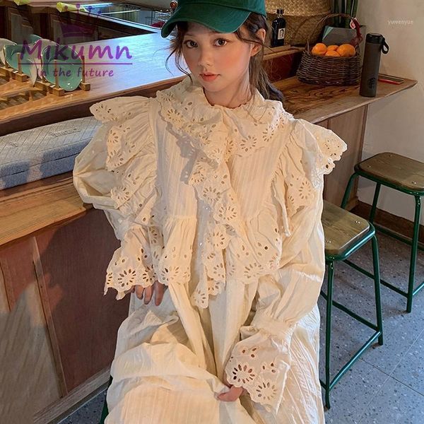 

casual dresses white sweet hollow out lace ruffles flare sleeve cotton long dress, Black;gray