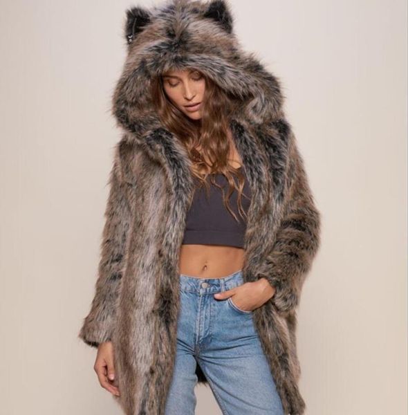 

women's fur & faux fashion women winter hood snow leopard coats, Black