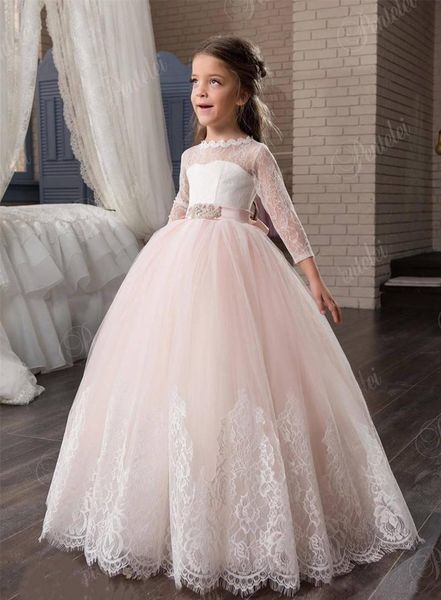 

girl's dresses a-line flower girl dress puffy tulle lace ribbon long sleeves princess first communion pageant gown, Red;yellow