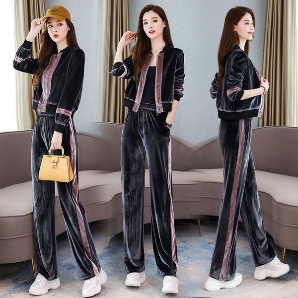 

two piece dress women clothes autumn women's casual fashion velvet sports suit short jacket slim two-piece, White