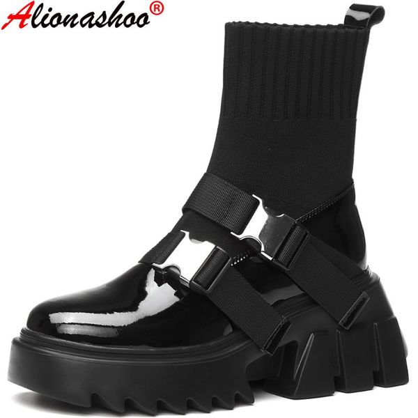 

boots aliona shoo genuine leather travel belt buckle ankle wome real s spot thick with knitting women, Black