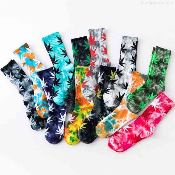 

high-quality tie-dyed maple leaf long fashion weed men skateboard hiphop meias women couple socks 1 pairs, Black