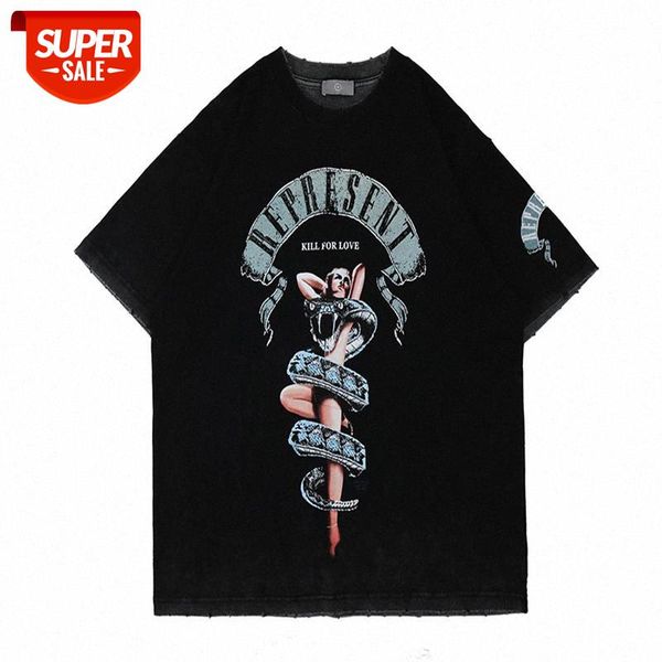 

american high street washed and old printed t-shirt, trendy python beauty print short-sleeved tee male #qz4m, White;black