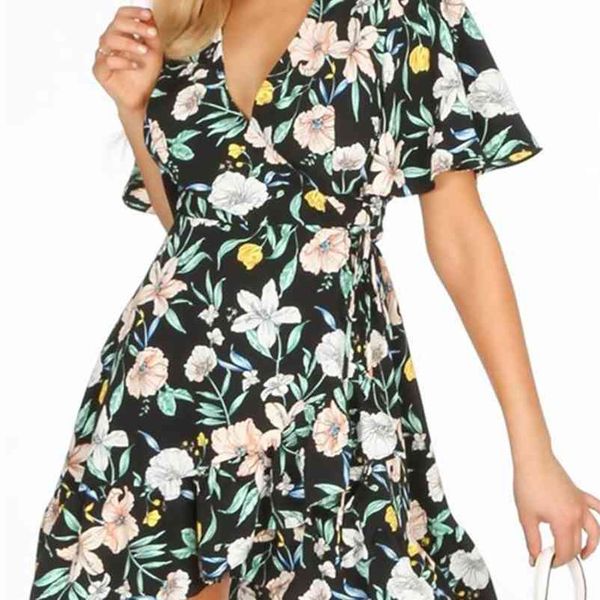 

summer vintage boho print beach holiday dress womens v-neck short sleeve party casual ruffles mini es vestidos 210520, Black;gray