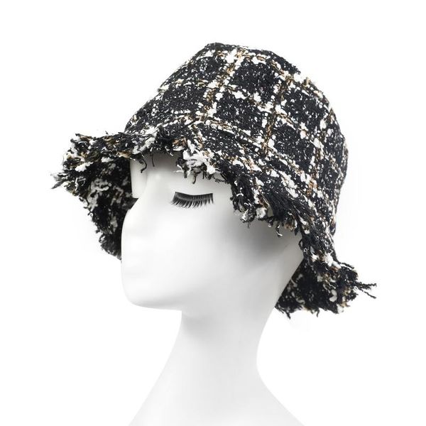 

women black red orange beige checked sequins bucket hat winter hats raw edges fisherman girls plaid tweed wide brim, Blue;gray