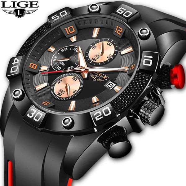 

wristwatches lige 2021 fashion men watches with silicone strap sport chronograph male quartz watch relogio masculino, Slivery;brown