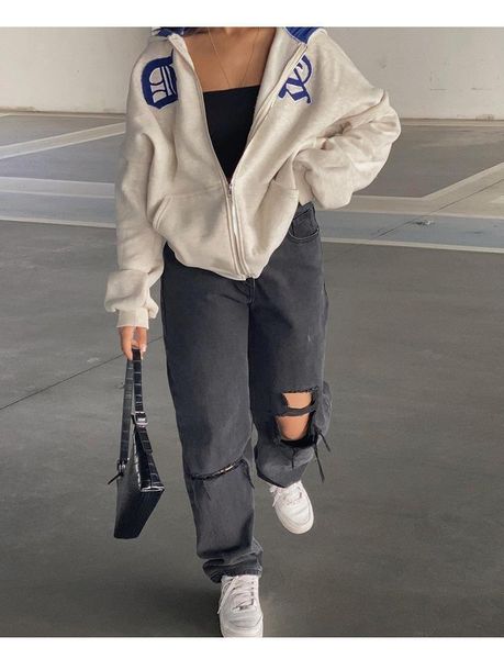 

women's hoodies & sweatshirts y2k streetwear letter embroidery printing punk oversized hoodie women hip hop couple gray zipper sweatshi, Black
