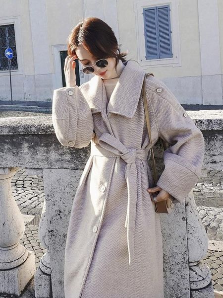 

women's wool & blends design touching herringbone woolen coat autumn and winter mid-length thick korean loose, Black