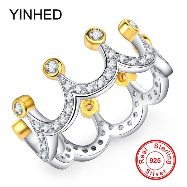 

cluster rings yinhed luxury princess crown ring solid 925 sterling silver fine jewelry cubic zirconia finger for women zr470, Golden;silver