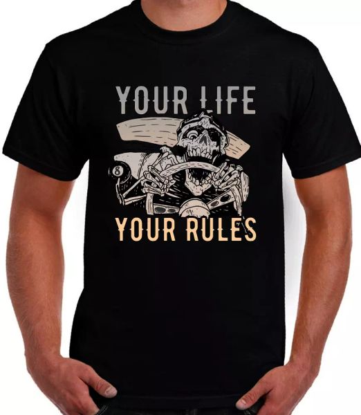 

fan your life your rules with skeleton graphic art design t.shirt, White;black
