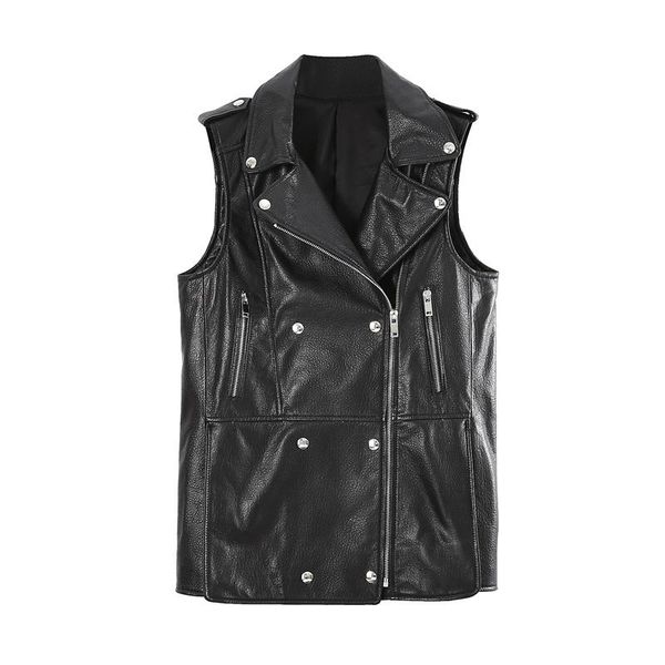 

women's vests autumn winter lambskin vest ladies lapels thin adjustment mid-motorcycle length leather jacket, Black;white