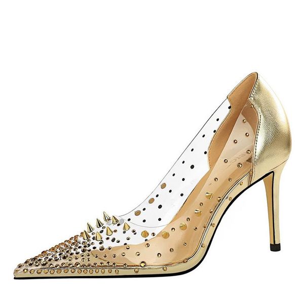 

dress shoes wind metal rivet thin heel high shallow tip transparent rhinestone spliced hollow single shoe, Black