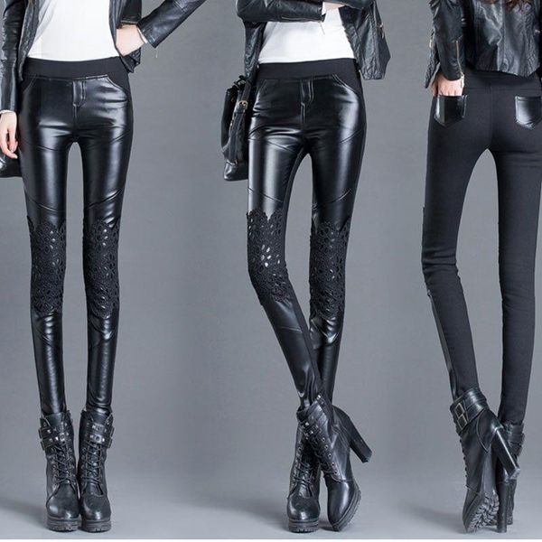 

women's pants & capris autumn winter faux leather and plush women pu female skinny pencil pant tight trousers, Black;white