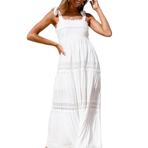 

boho summer white beach dress women straps lace up maxi sundress holiday lady trim high waist long a-line women's swimwear, White;black