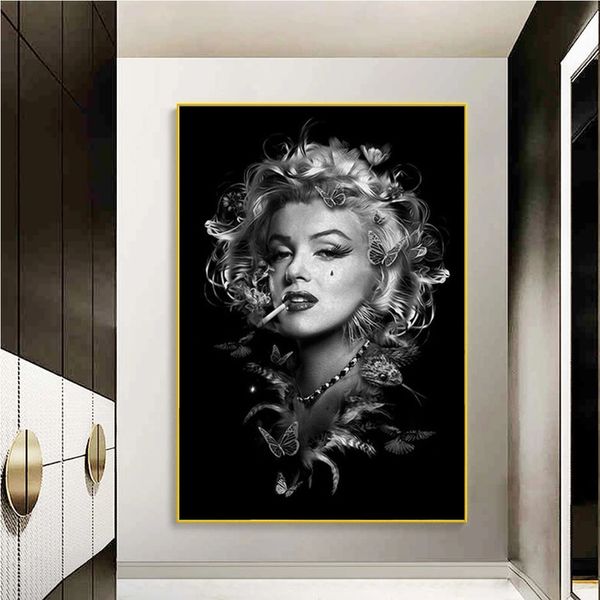 

black white marilyn monroe smoking poster portrait canvas painting and prints cool girl wall art picture for room home decor