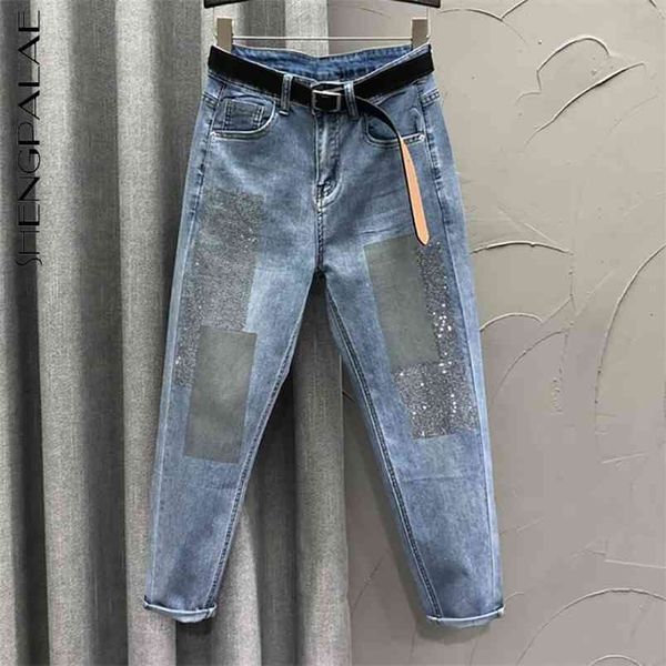 Calça jeans de broca Mulheres Primavera Cintura Alta Contraste Cor Denim Radish Harlan Calças Feminina 5B920 210427