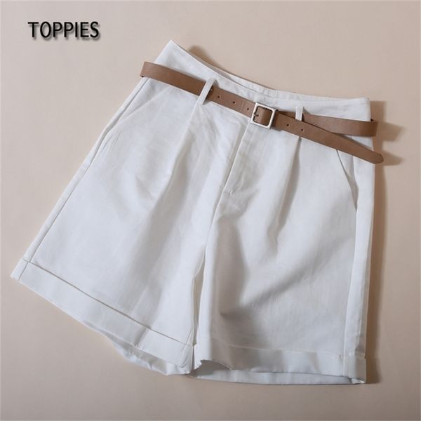 

ies summer shorts loose wide leg with pu belt solid color bottoms woman streetwear 210623, White;black