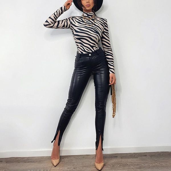 

women's pants & capris women leather trousers high waist outerwear casual party street wrapped sliming black, Black;white