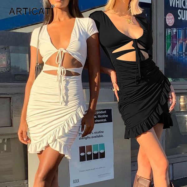 

v neck lace up ruffles dress women short sleeve hollow out bodycon mini dress elegant 2021 spring dress streetwearhigh quality, Black;gray