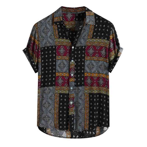 Homens camisa étnica impressa camisas verão retro vintage streetwear mangas curtas botão harajuku blusa chemise homme ropa hombre 210714