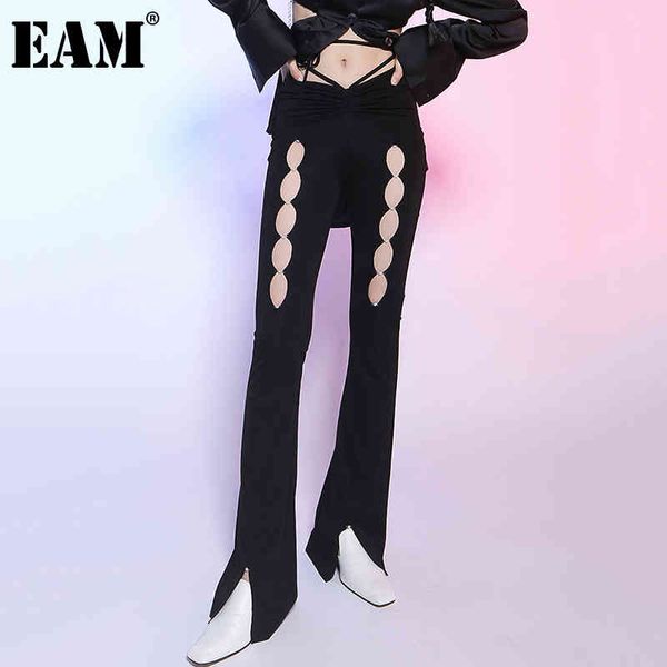 

[eam] hollow out bandage pleated pearls boot cut trousers loose fit full pants women fashion spring summer 1dd8467 21512, Black;white
