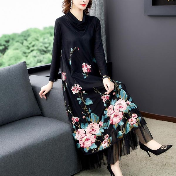 

spring autumn floral embroidery mesh dresses casual vintage loose 5xl plus size maxi dress elegant bodycon women party vestidos, Black;gray