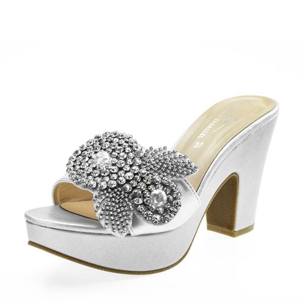 

dress shoes floral decor chunky women mules sandals silvery ladies platform 6245-34 plus size 41 42 party pumps sqaure heel shoe, Black