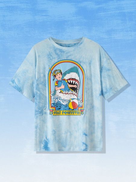 

romwe x stevenrhodes tie dye shark and figure & letter graphic tee h4tv#, White