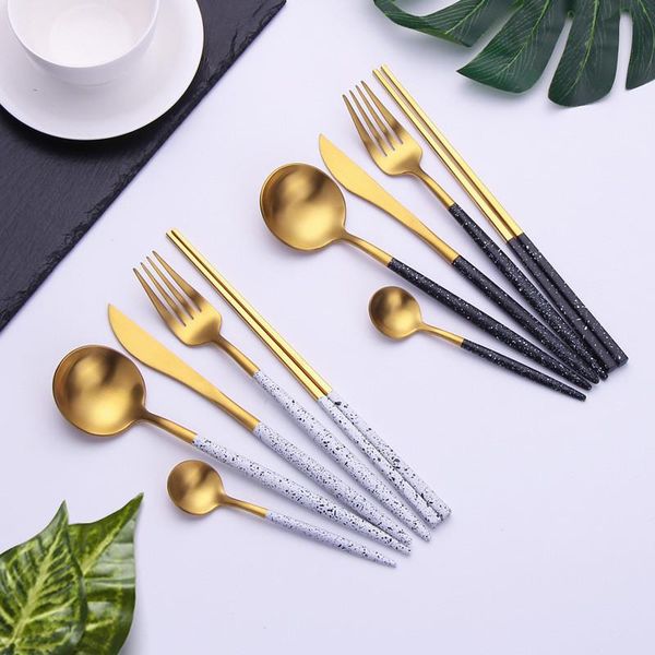 

24pcs/set elegant white gold dot stainless steel cutlery set flatware dinner knives forks spoon dinnerware tableware sets