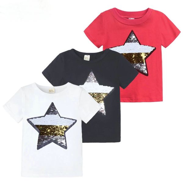 Crianças infantis bebê meninos meninas roupas de algodão de manga curta verão camisetas o pescoço estrela lantejoulas meninos top para 1-8Y t-shirt