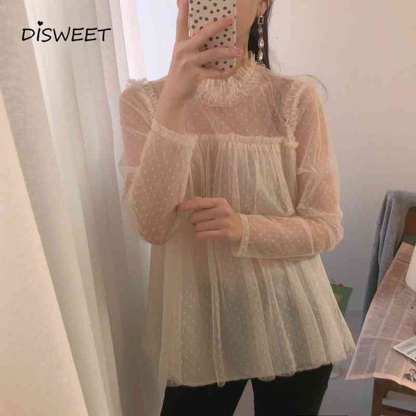 

sweaters simple lace silk gauze woman korean long sleeve polka dot print pleated ladies see-through slim shirt women, White;black