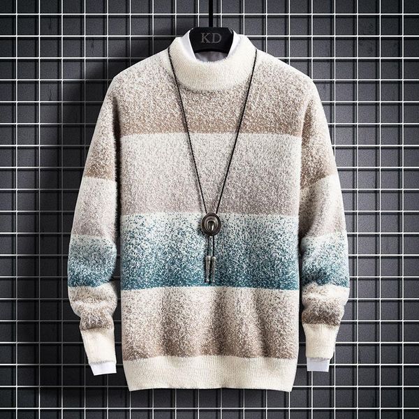 

men's sweaters pullover winter sweater men cashmere fashion striped male jumpers half turtleneck thick warm mens, White;black