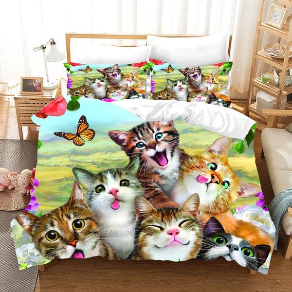 

bedding sets 3d cat with butterfly rainbow duvet cover & pillow set single double twin full  bed for kid bedroom decor