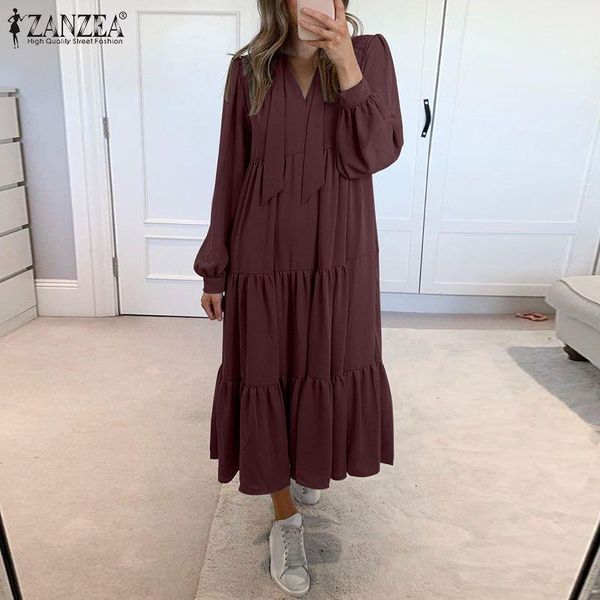 

casual dresses zanzea women stylish long puff sleeve sundress elegant lace up dress autumn ruffles party vestido solid ol work 5xl, Black;gray